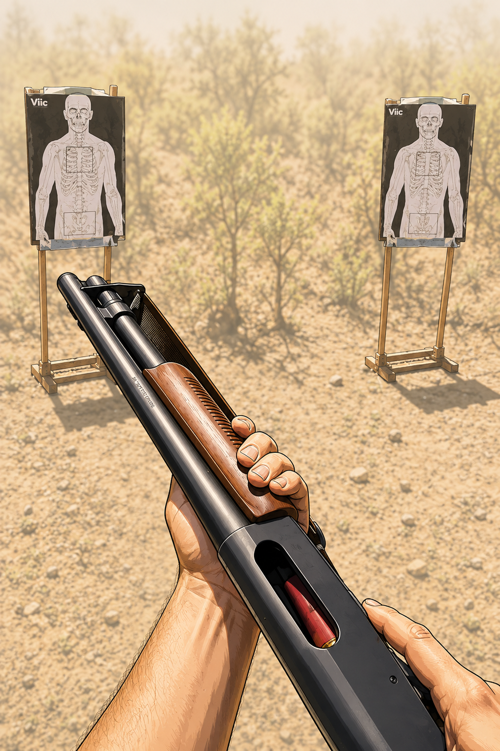 Racking a pump-action shotgun at an outdoor range