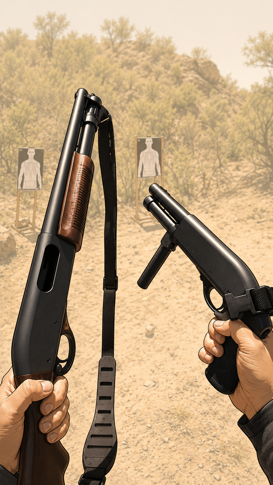 Remington pump shotgun with sling next to a compact Serbu pump at the range