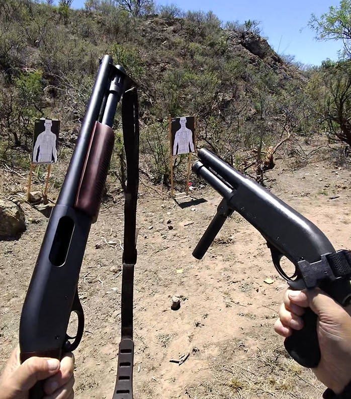 Full-size Remington pump shotgun next to a compact Serbu pump at the range
